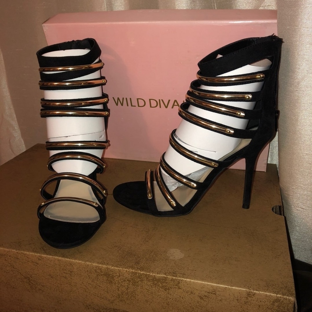 Wild Diva Black and Gold Stiletto Heels